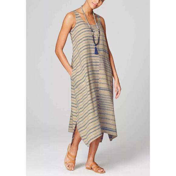 J. Jill Pure Jill Linen Mixed-Stripes Dipped-Hem Dress Beach 1X - Picture 3 of 6